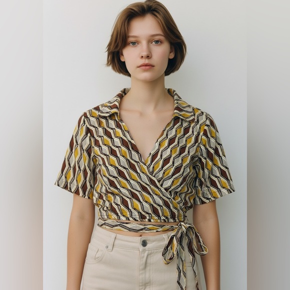 RACHEL Rachel Roy Tops - Rachel Roy Geometric Wrap Crop Top Short Sleeve Tie Waist Size M NWOT